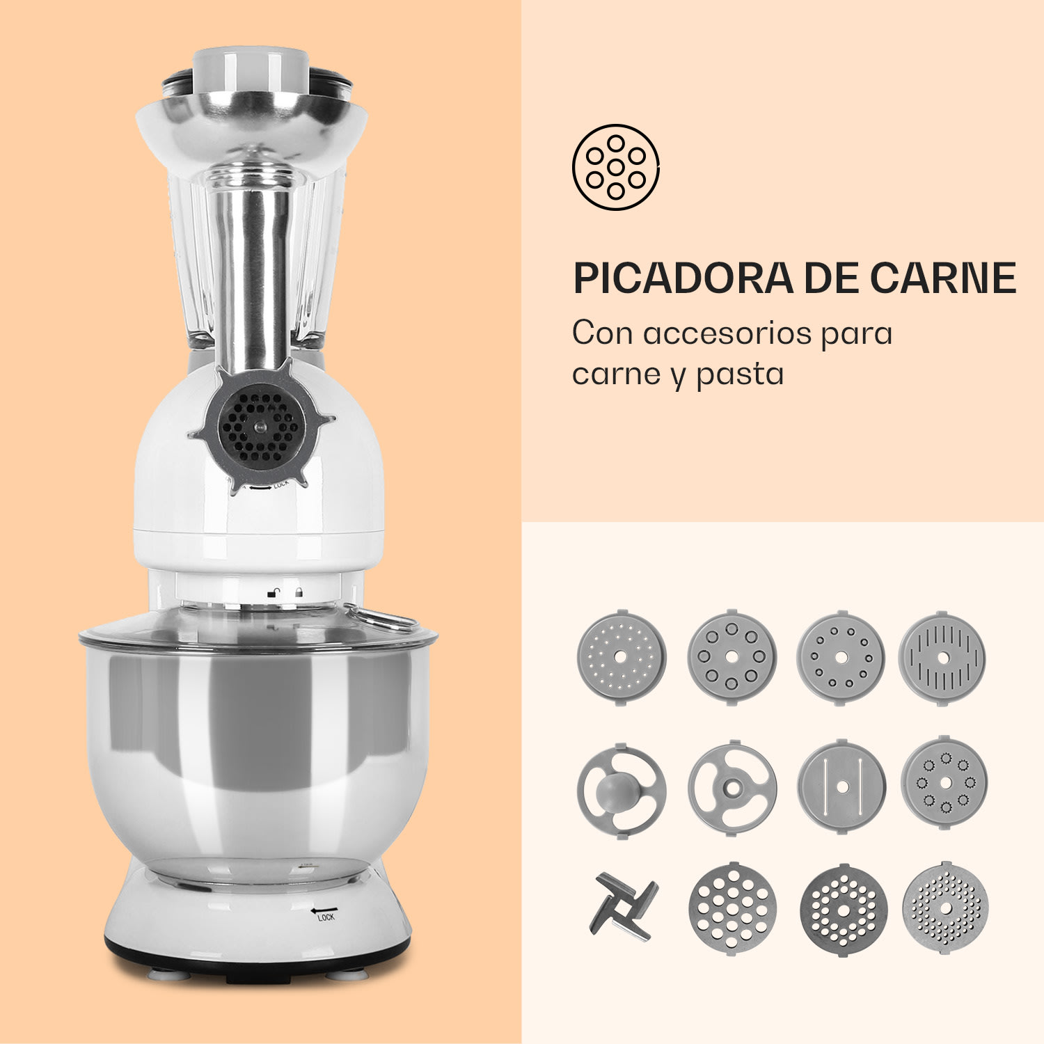 Lucia robot de cocina 3 en 1 1800 W/2,7 PS 5 L acero inoxidable sin BPA Blanco