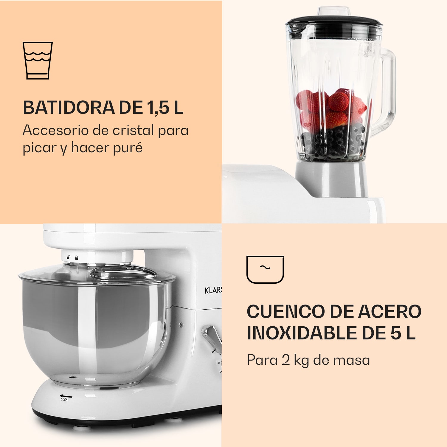 Lucia robot de cocina 3 en 1 1800 W/2,7 PS 5 L acero inoxidable sin BPA Blanco