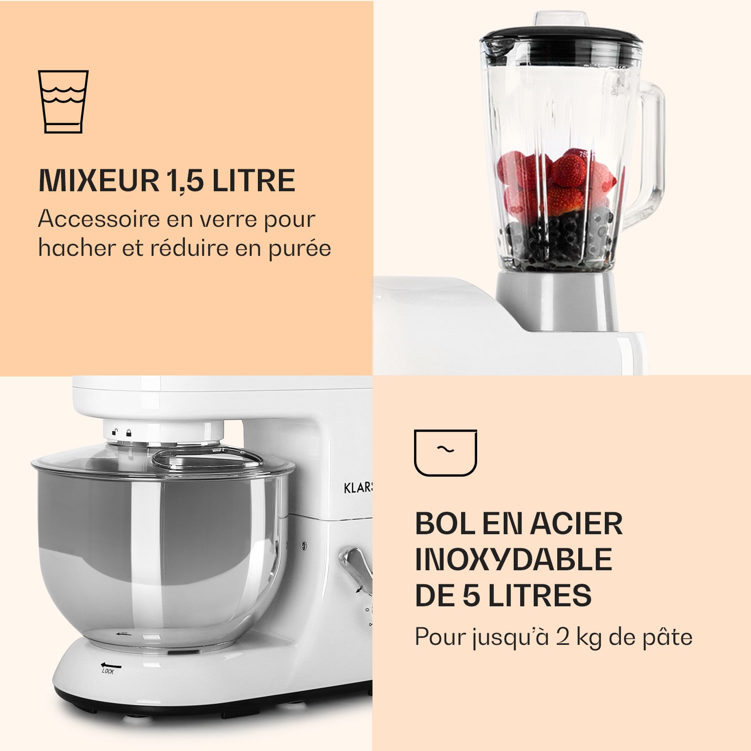 Lucia Robot ménager 3-en-1 1800 W / 2,7 ch 5 l Acier inoxydable sans BPA Blanc