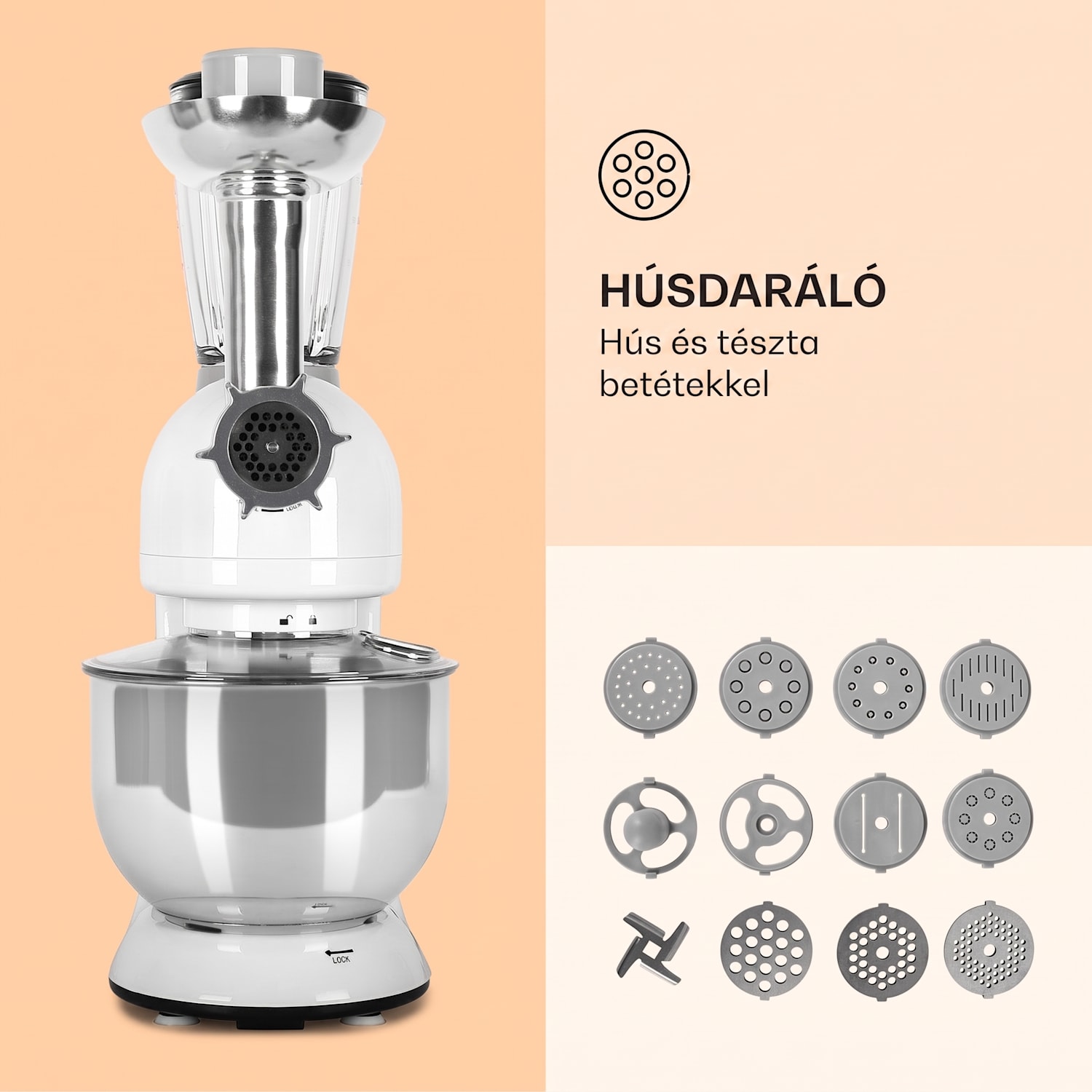 Lucia, konyhai robotgép, turmixgép, húsdaráló, 1800 W Fehér