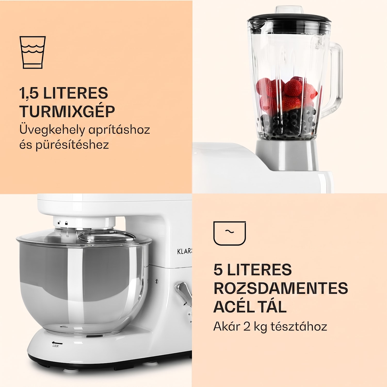 Lucia, konyhai robotgép, turmixgép, húsdaráló, 1800 W Fehér