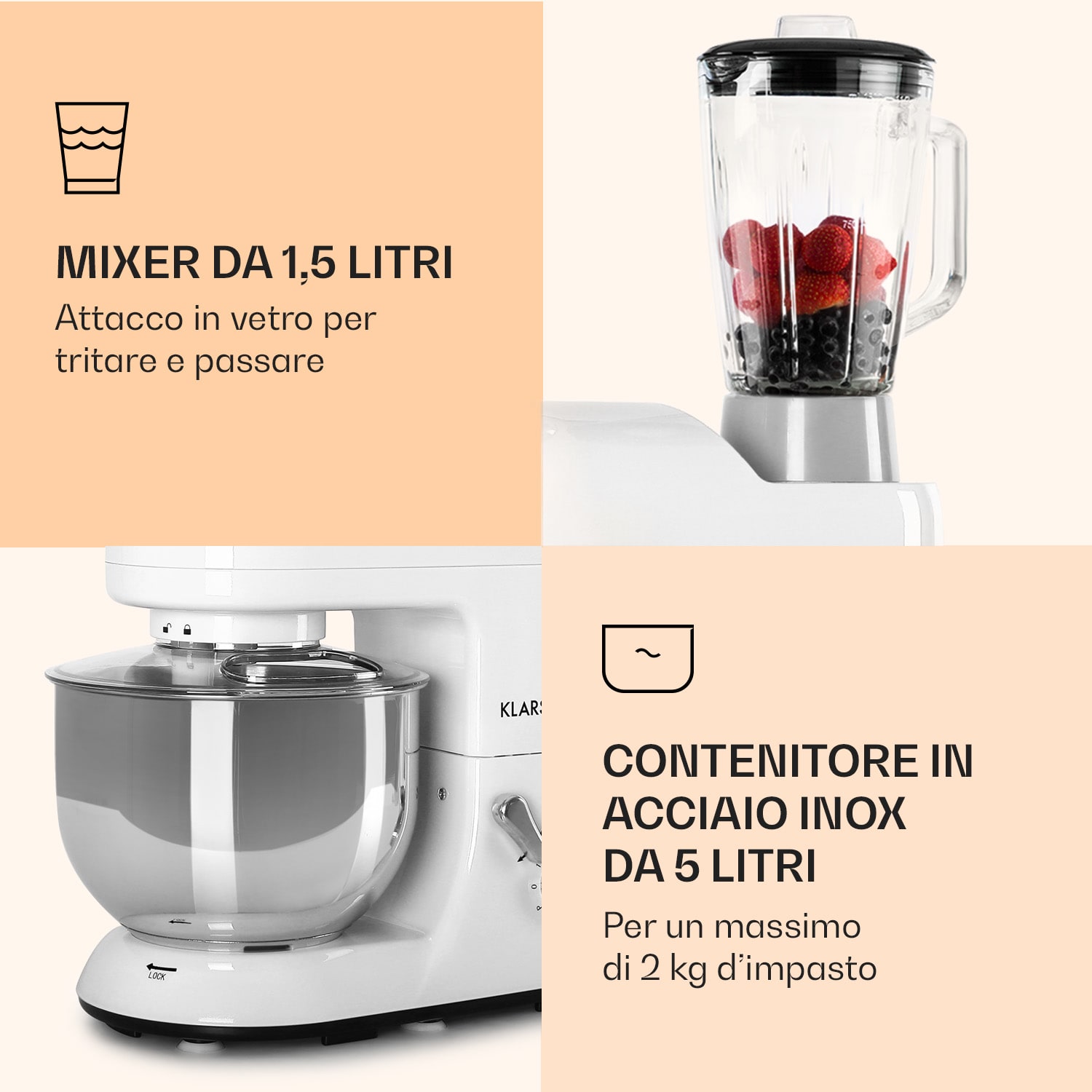 Lucia robot da cucina 3 in 1, 1800 W / 2,7 PS 5 litri in acciaio inossidabile senza BPA Bianco