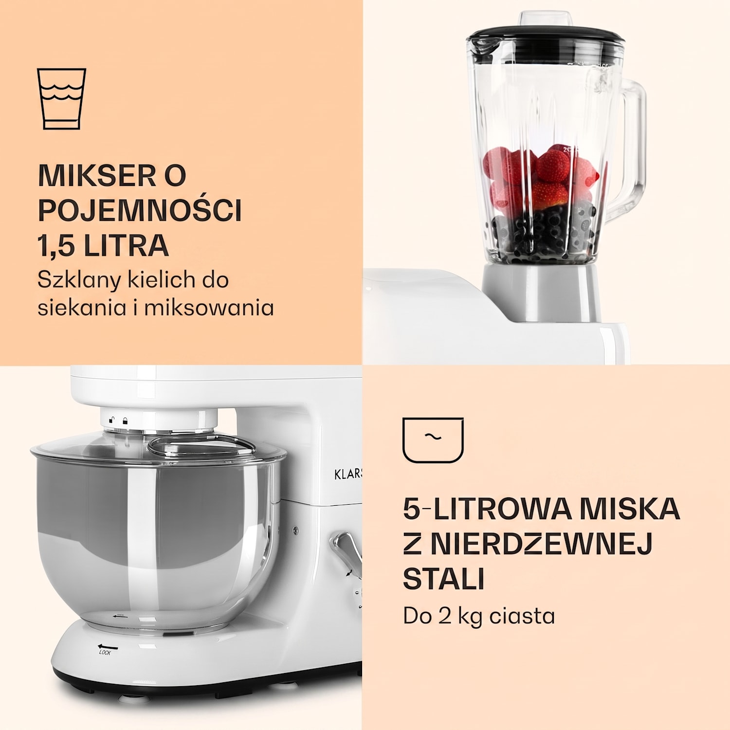 Lucia, robot kuchenny, 3 w 1, 1800 W / 2,7 PS, 5 l, stal nierdzewna, bez BPA Biały