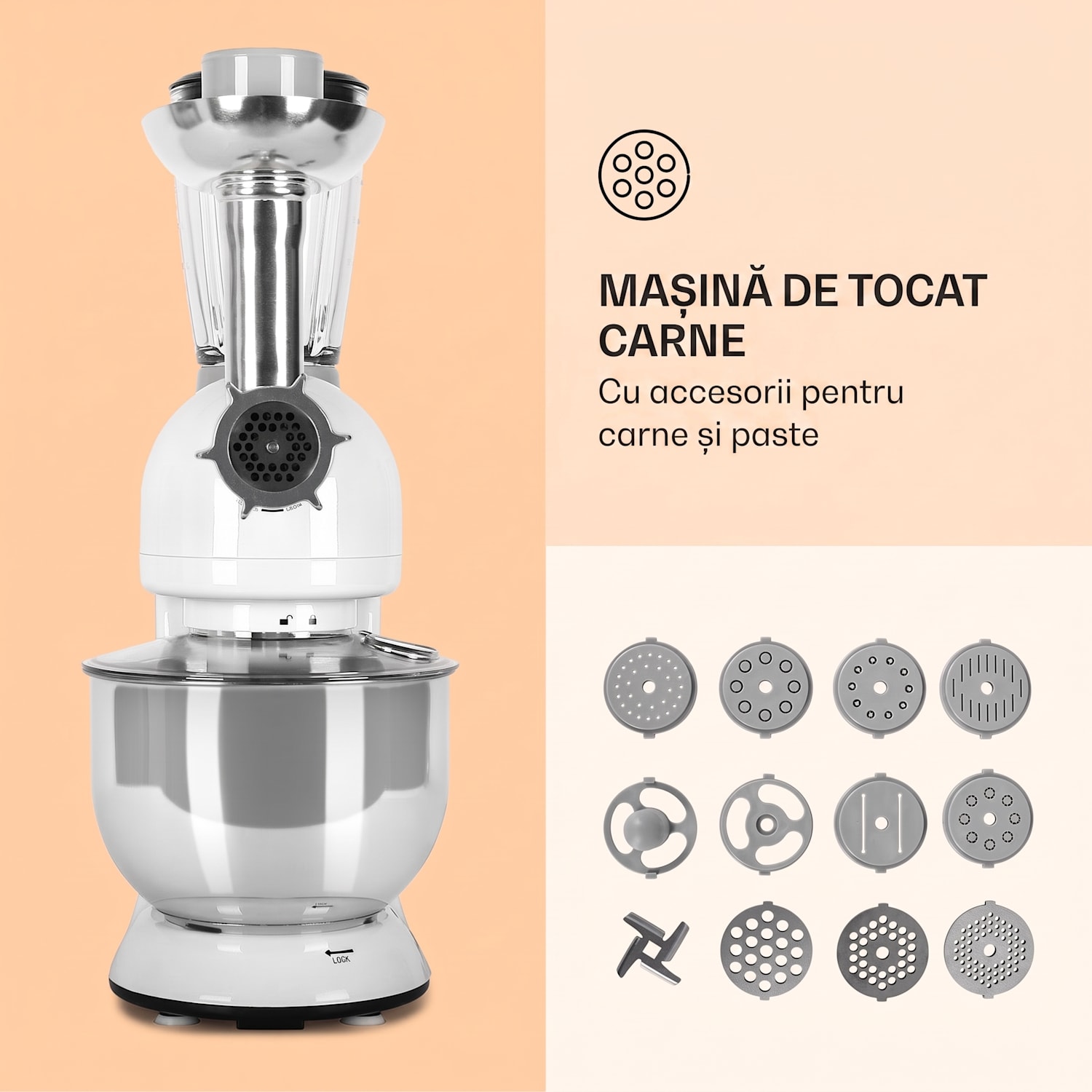 Lucia, robot de bucatarie, 3 in 1, 1800 W / 2,7 PS, 5l, otel inoxidabil, fara BPA Alb