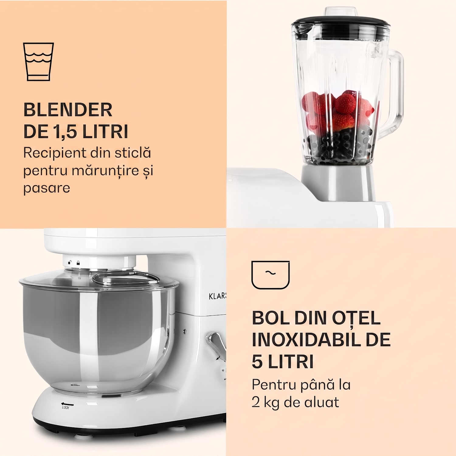 Lucia, robot de bucatarie, 3 in 1, 1800 W / 2,7 PS, 5l, otel inoxidabil, fara BPA Alb