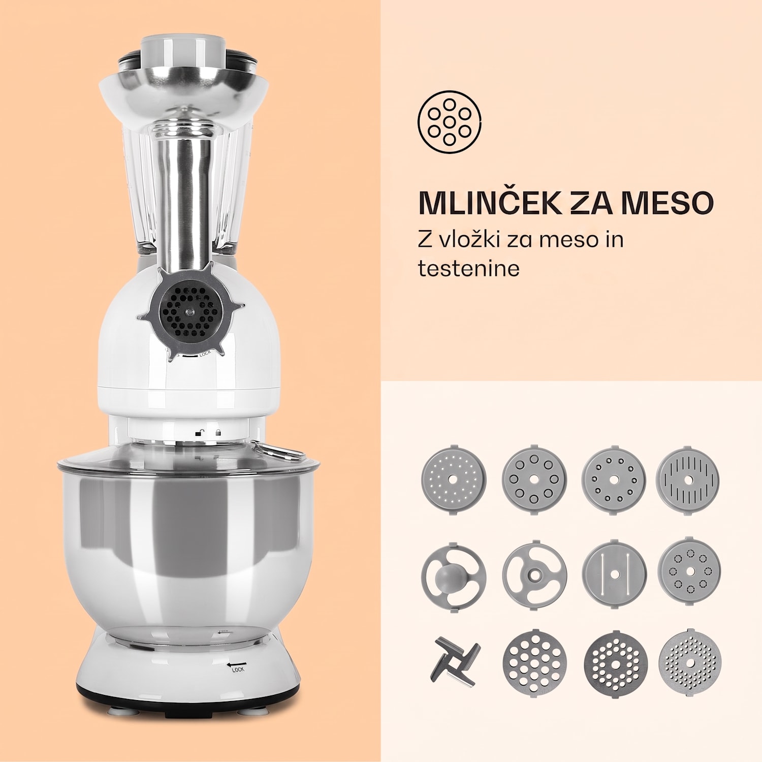 Lucia kuhinjski robot 3-v-1, 1800 W / 2.7 PS 5 litrov nerjaveče jeklo, brez BPA Bela