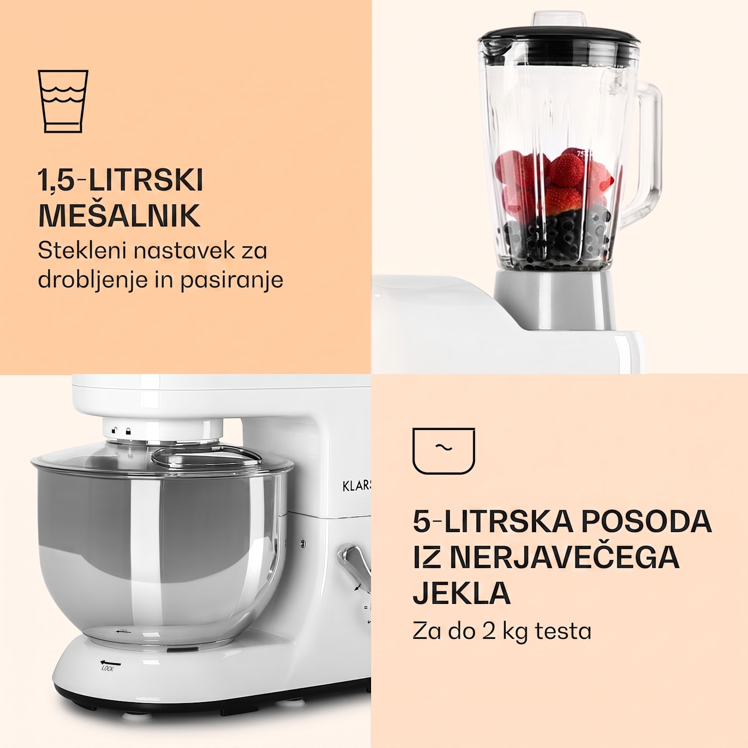 Lucia kuhinjski robot 3-v-1, 1800 W / 2.7 PS 5 litrov nerjaveče jeklo, brez BPA Bela