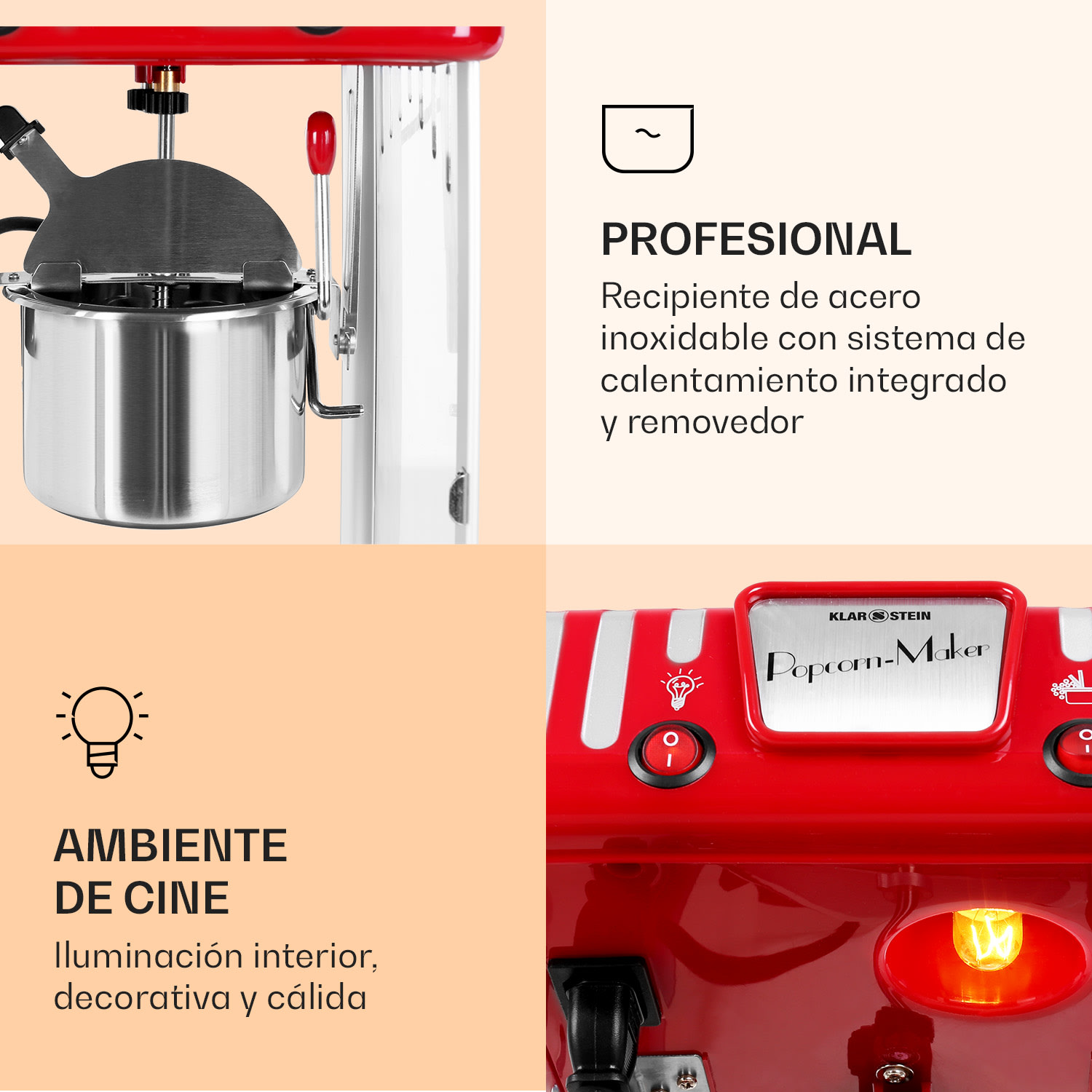 Volcano Máquina de palomitas 300W Brazo mezclador Olla de acero inoxidable Rojo