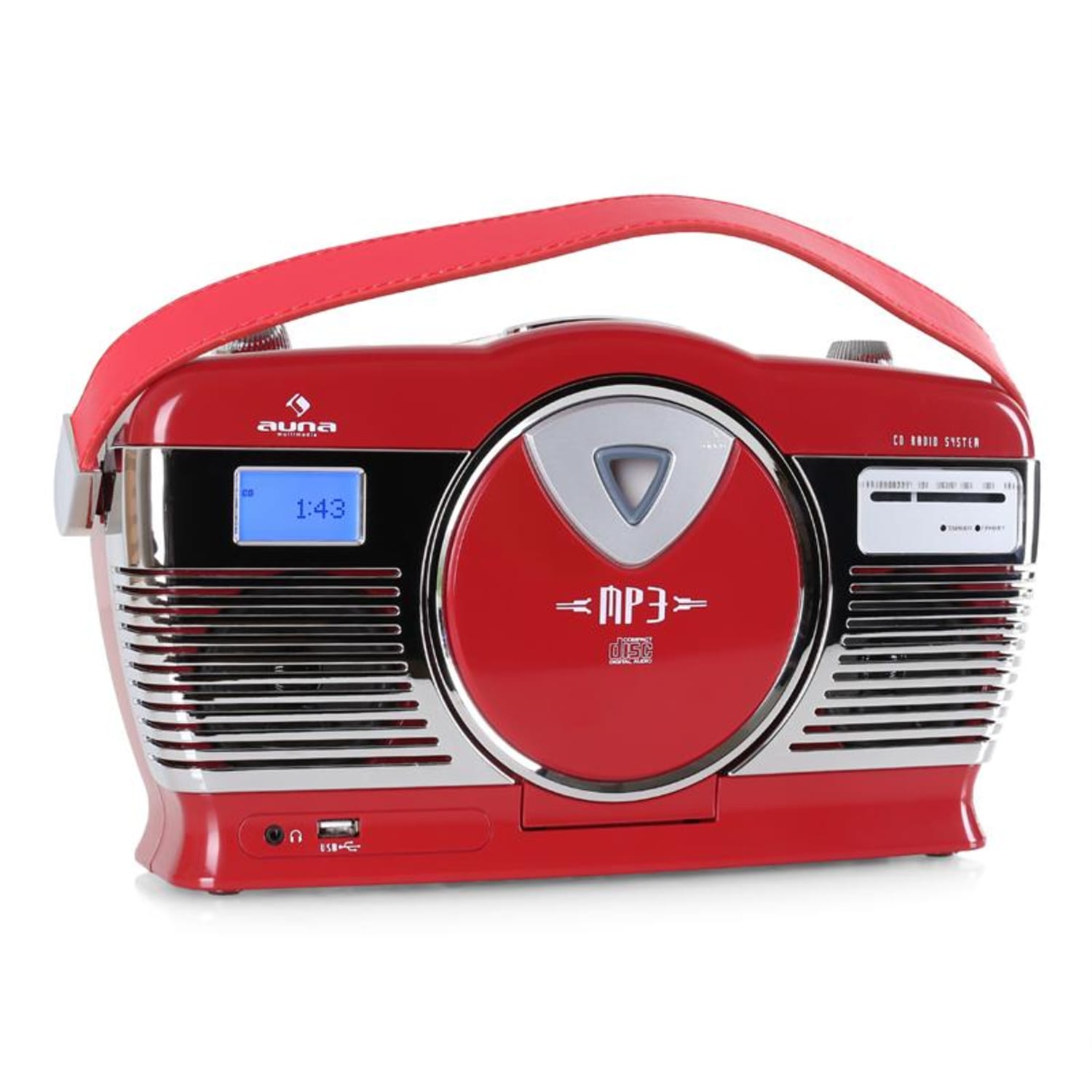 Radioodtwarzacz w stylu retro Auna MCP-69 UKW USB CD na baterie Czerwony