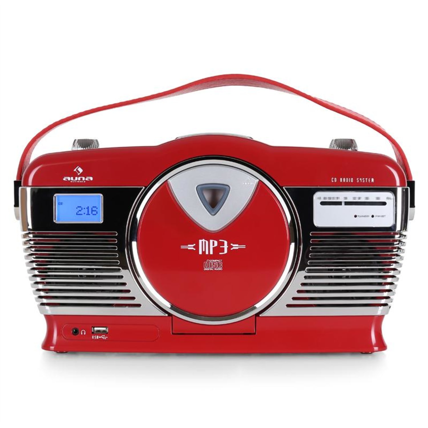 Radioodtwarzacz w stylu retro Auna MCP-69 UKW USB CD na baterie Czerwony