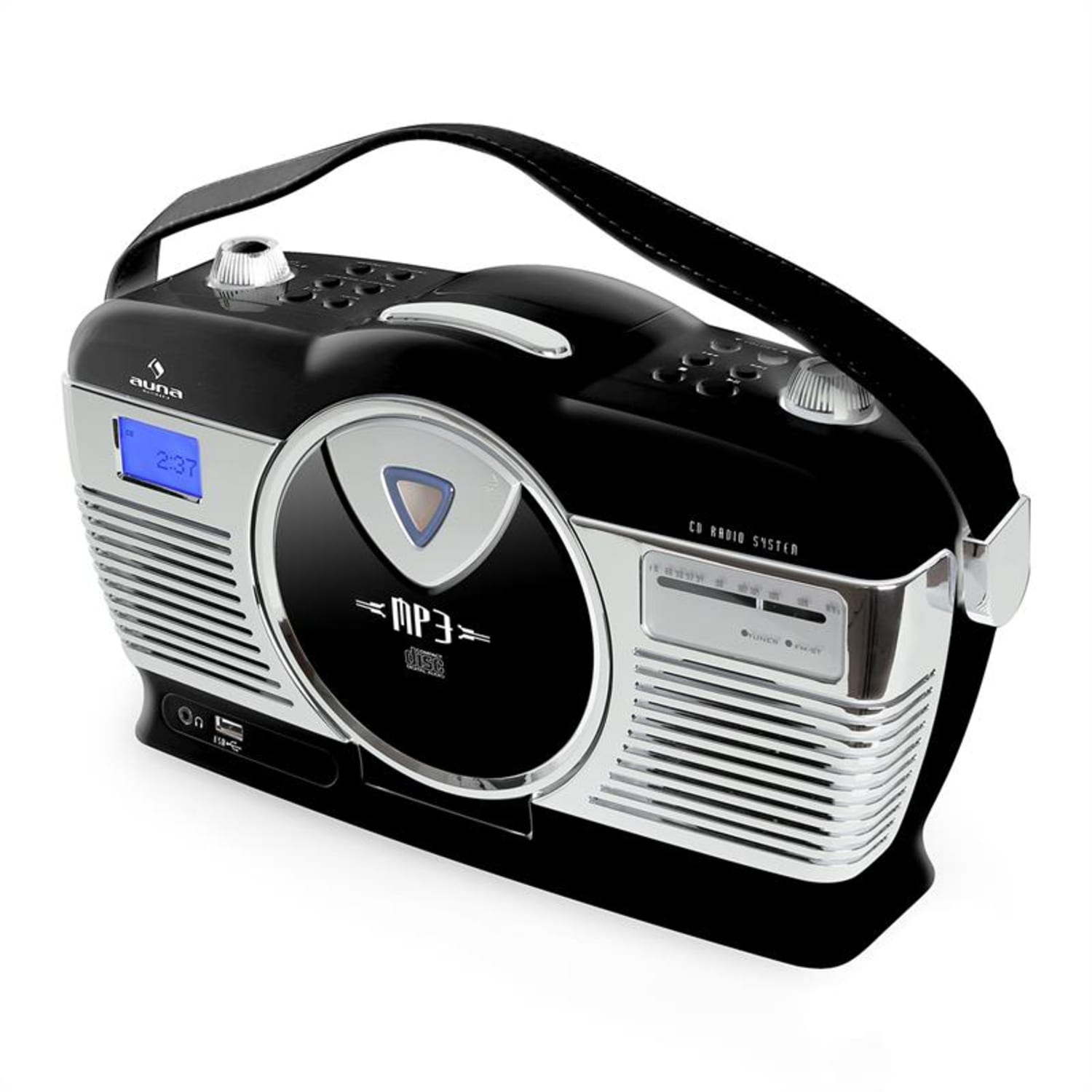 RCD-70 retró rádió, FM, USB, CD, elem, fekete Fekete