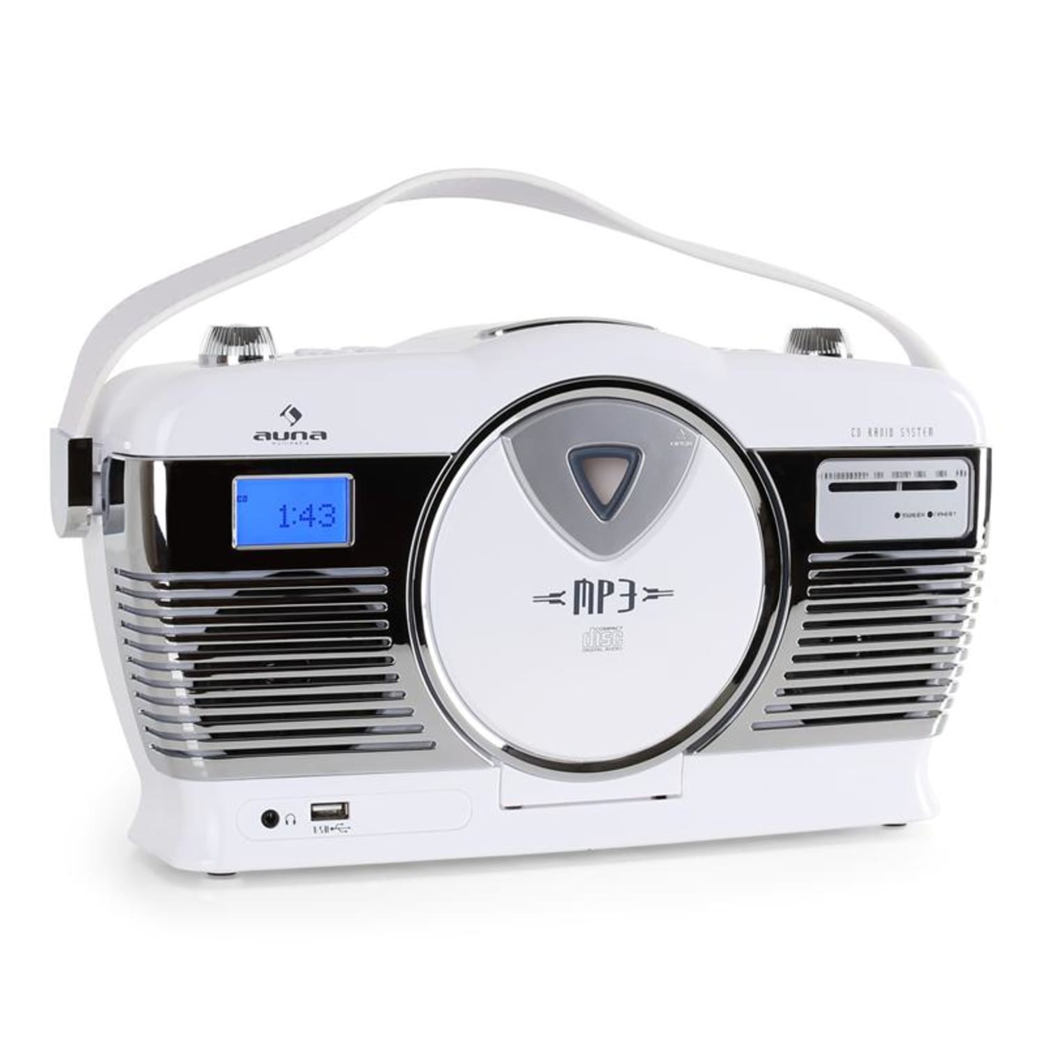 RCD-70 Radio retro FM USB CD pilas blanco Blanco