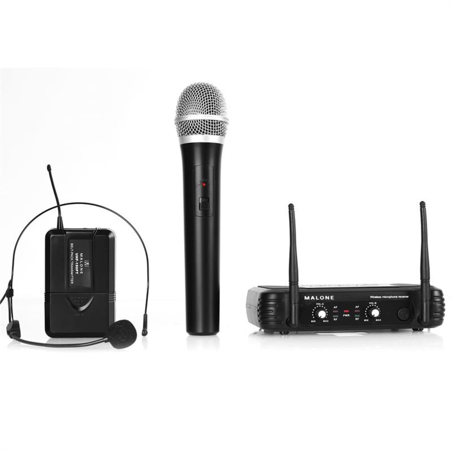 UHF-250 Duo 2-kanavainen langaton UHF-mikrofonisetti 1 x käsimikrofoni/1 x headset-mikrofoni