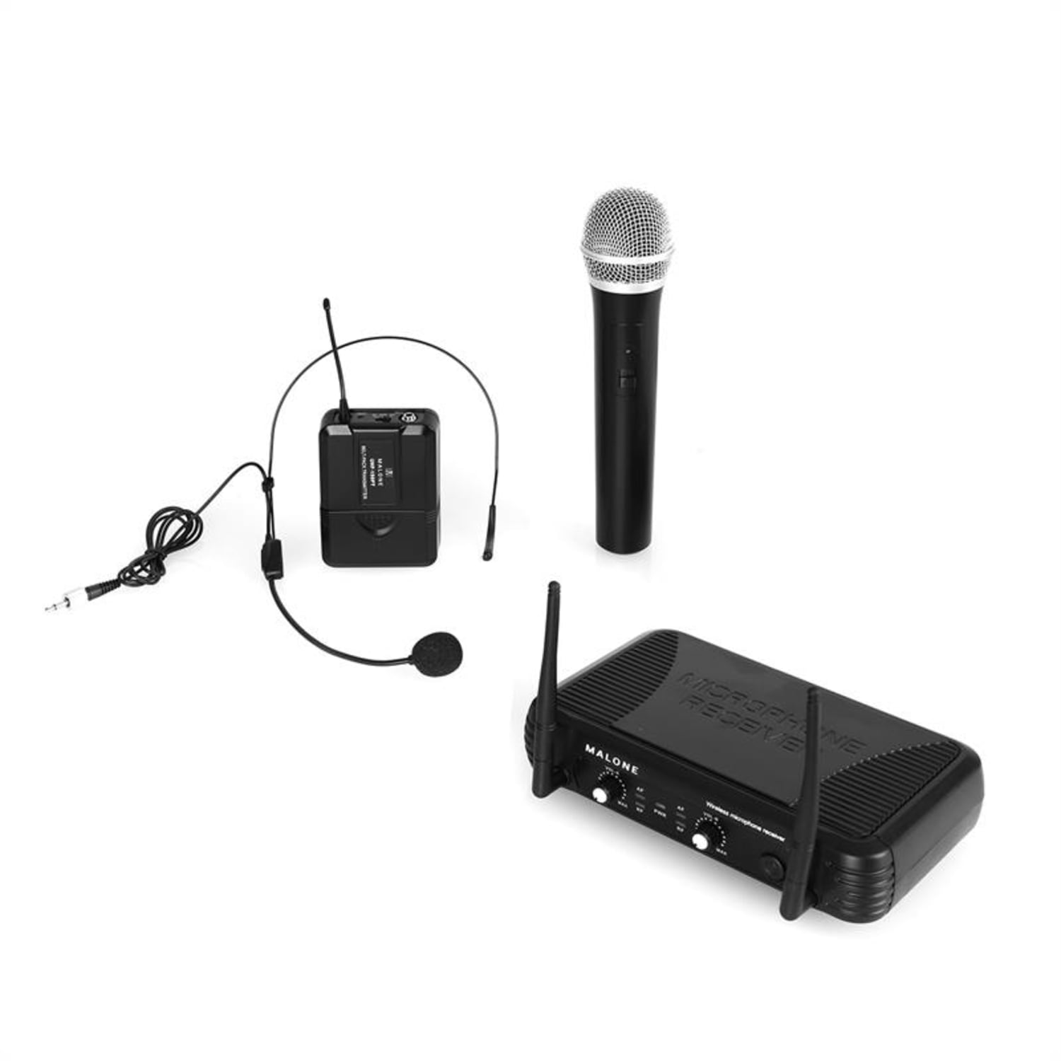 UHF-250 Duo 2-kanavainen langaton UHF-mikrofonisetti 1 x käsimikrofoni/1 x headset-mikrofoni