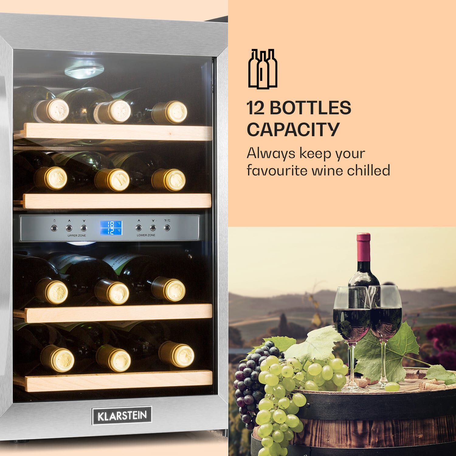 Reserva 12 Duo - Frigorifero per vini a due zone, 34 litri, 12 bottiglie, acciaio inox 