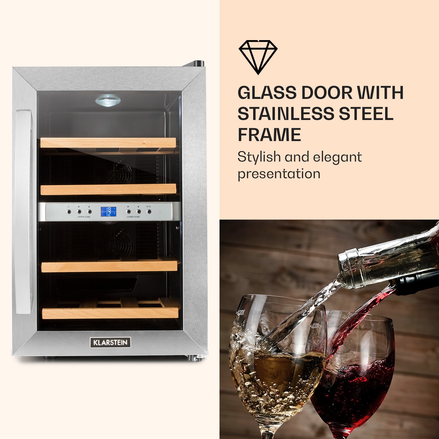 Reserva 12 Duo - Frigorifero per vini a due zone, 34 litri, 12 bottiglie, acciaio inox 