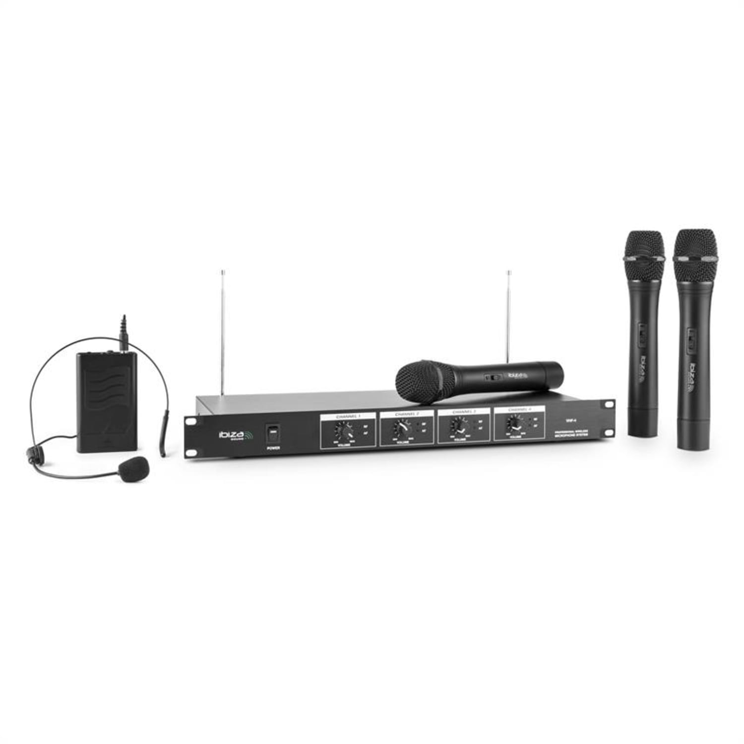 VHF4, set 4-kanalnih radijskih mikrofona, 3 x mikrofon, 1 x set za glavu, doseg 60 m 