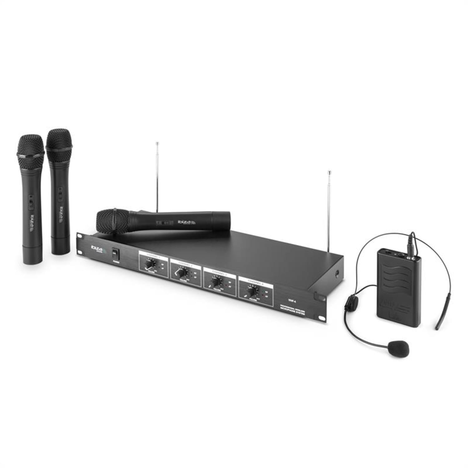VHF4, set 4-kanalnih radijskih mikrofona, 3 x mikrofon, 1 x set za glavu, doseg 60 m 