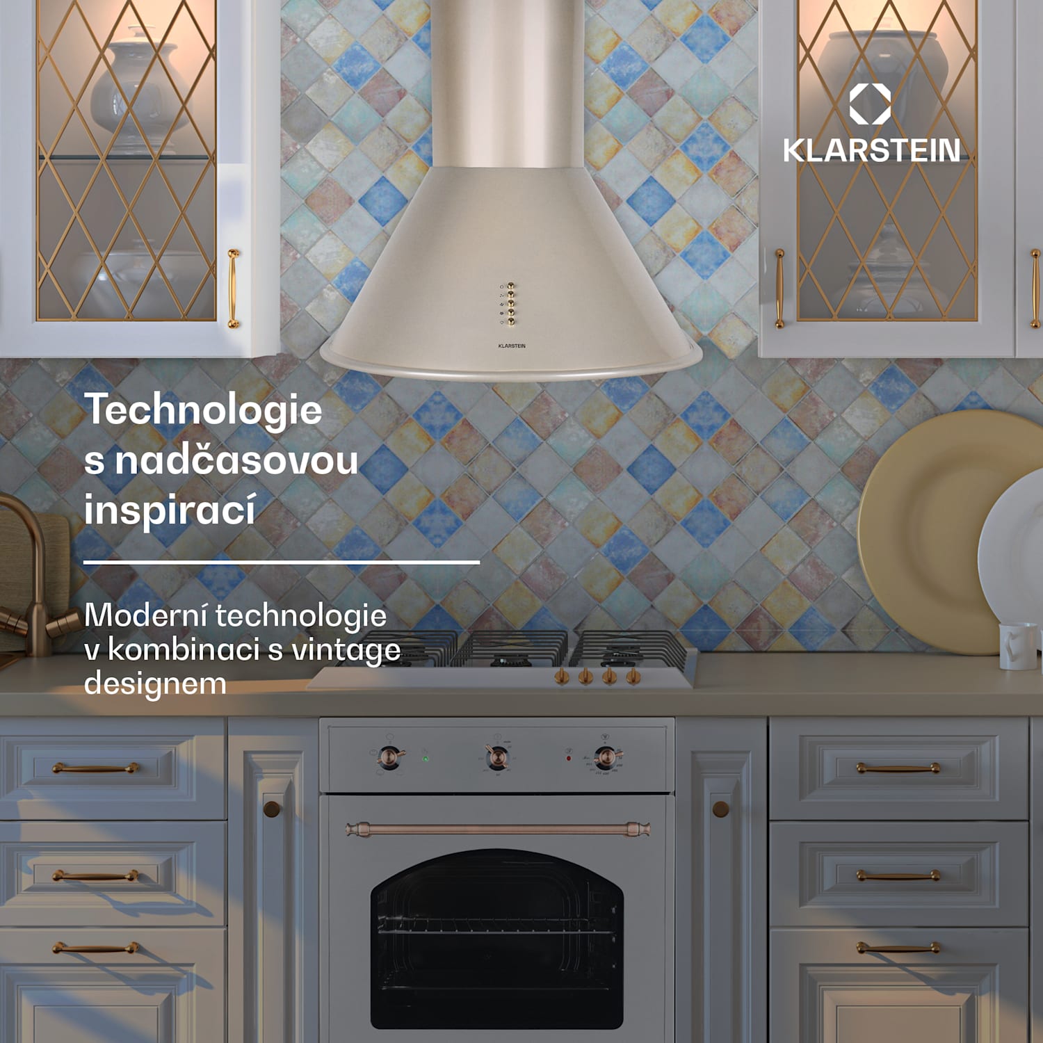 Lumio Primo, digestoř, 60 cm, komínová, 490 m³/h, retro design, nerezová ocel, champagne Niklová metalíza