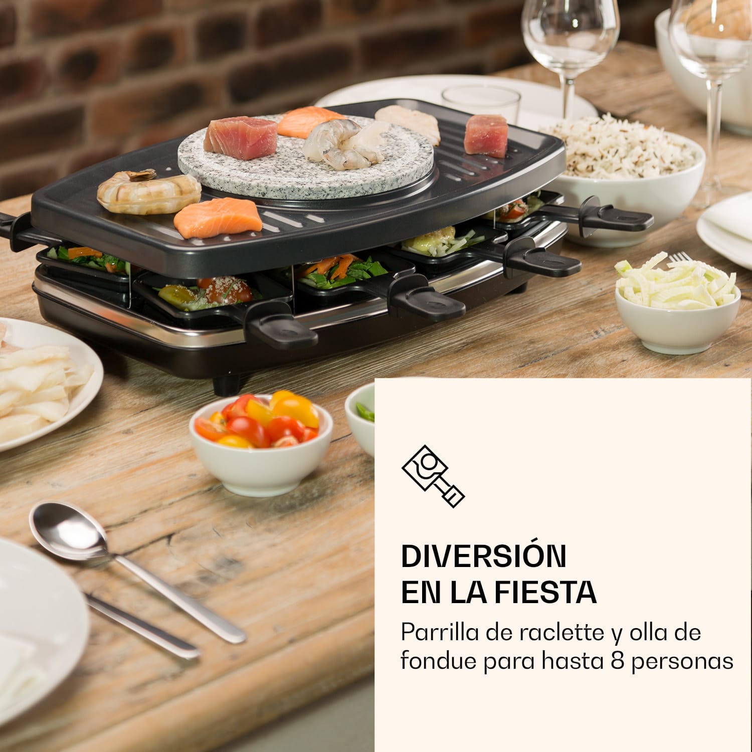 Entrecote Raclette con grill Piedra natural Fondue 1100W 8 personas Tablas de madera no incluidas