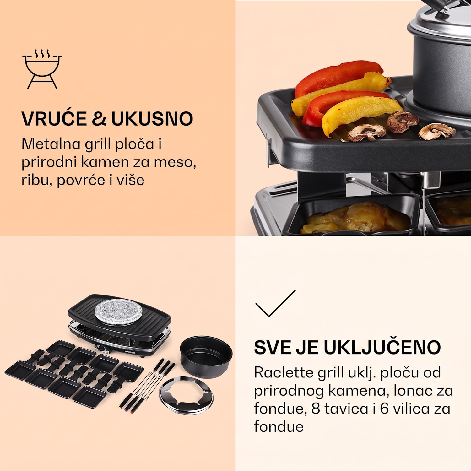 Entrecote, raclette roštilj, fondue, 8 osoba, 1100 W Wooden Pan Tablets not included