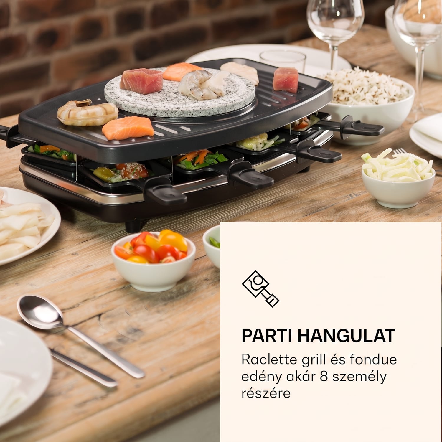 Entrecote, 2 az 1-ben raclette grill fonduevel, 1100 W, természetes kő, 8 személyre Wooden Pan Tablets not included