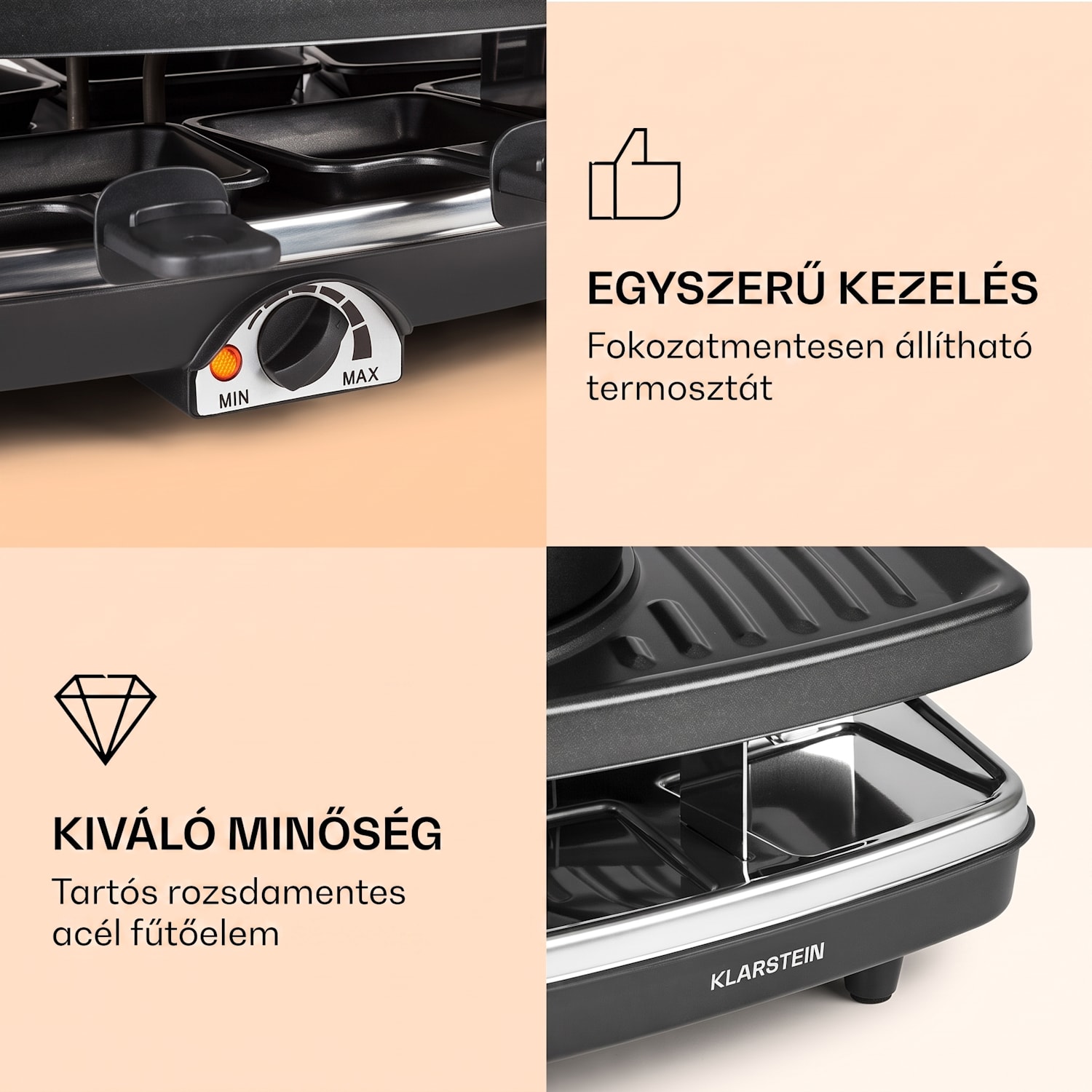 Entrecote, 2 az 1-ben raclette grill fonduevel, 1100 W, természetes kő, 8 személyre Wooden Pan Tablets not included