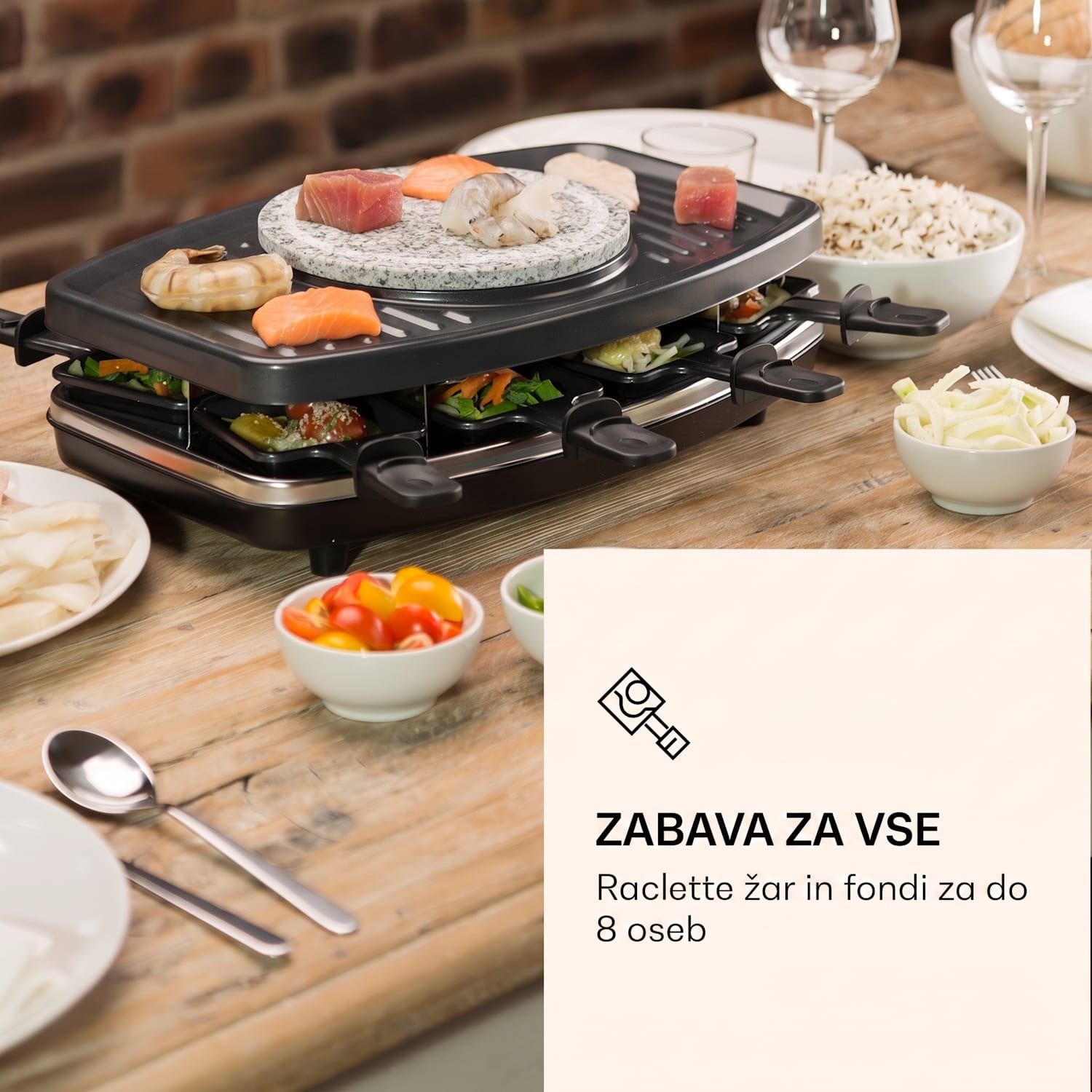 Entrecote,1100 W, 8 Oseb, Raclette Žar, Fondu Wooden Pan Tablets not included