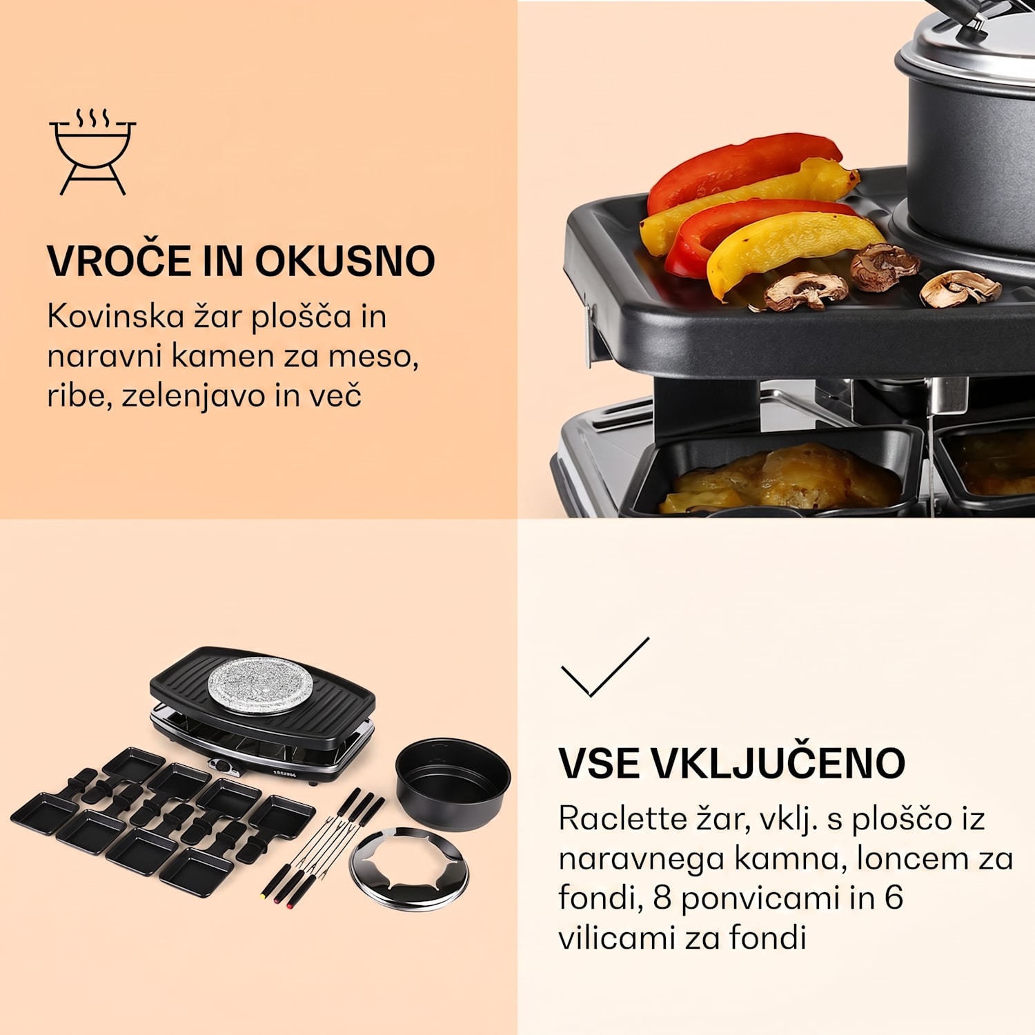 Entrecote,1100 W, 8 Oseb, Raclette Žar, Fondu Wooden Pan Tablets not included