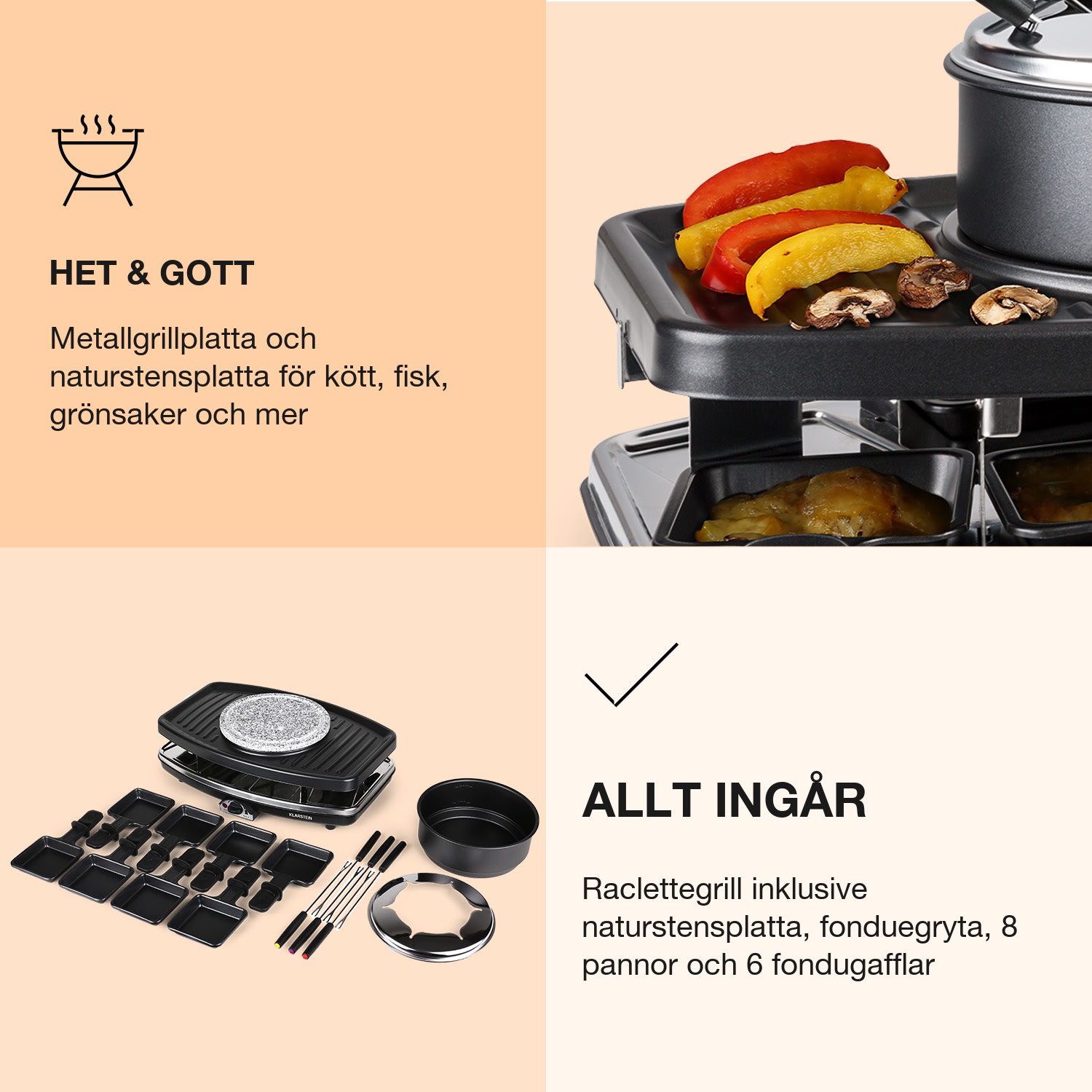 Entrecote 2-i-1 Raclettegrill & Fondue Natursten 1100 W 8 personer grytunderlägg medföljer ej