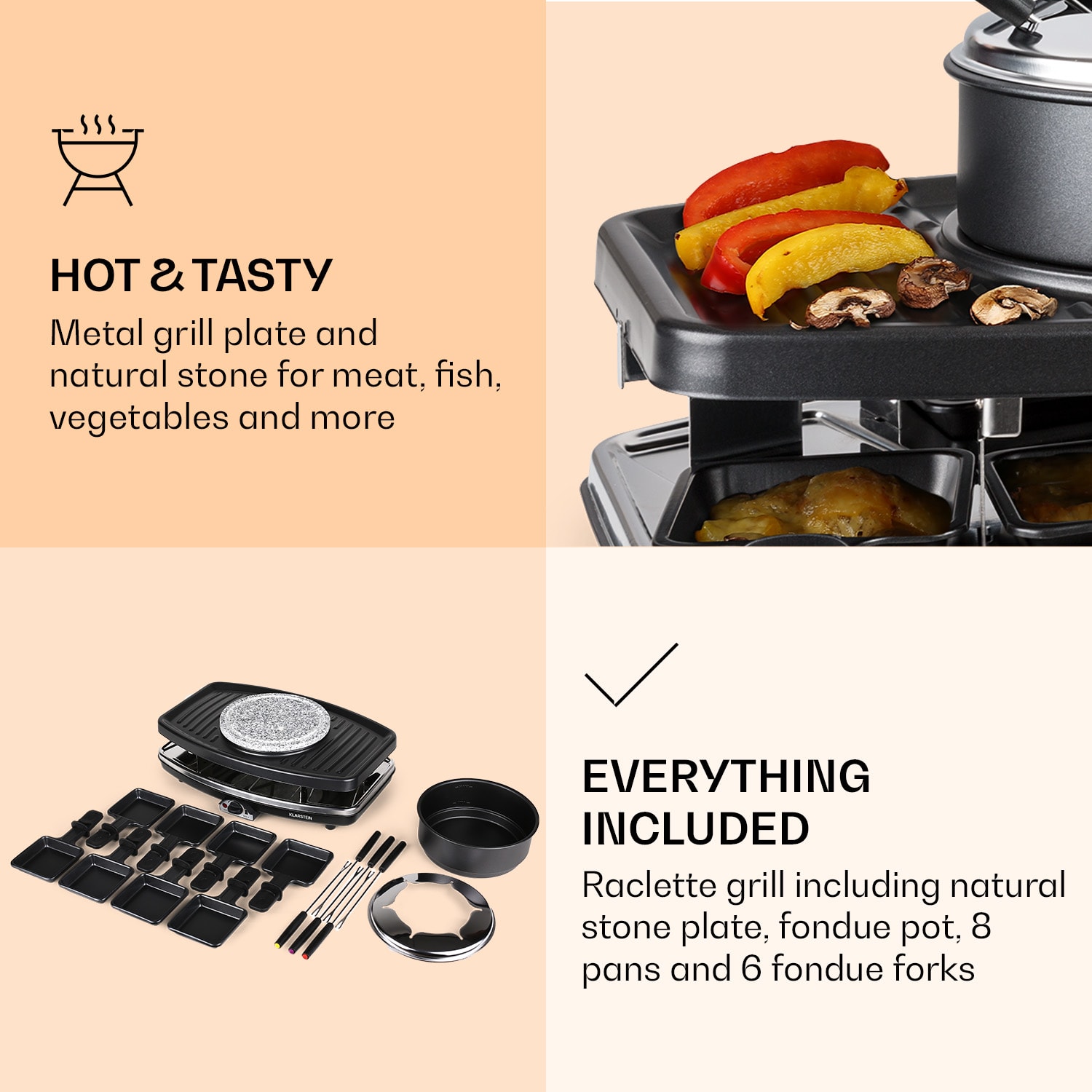 Entrecote 2-in-1 Raclette Grill & Fondue Natural Stone 1100W 8 Persons Pan coasters not included