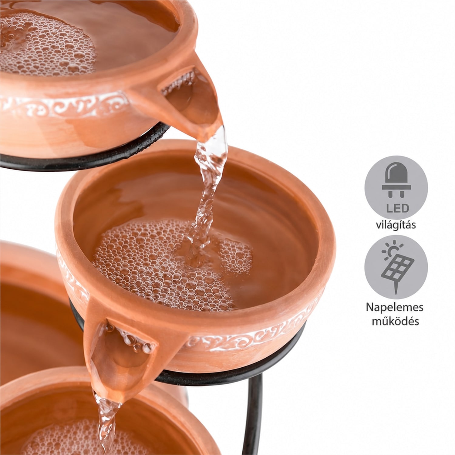 Empoli kaszkádfürdő terrakotta 5 fokozat 200 l/h napelem 2W LED 