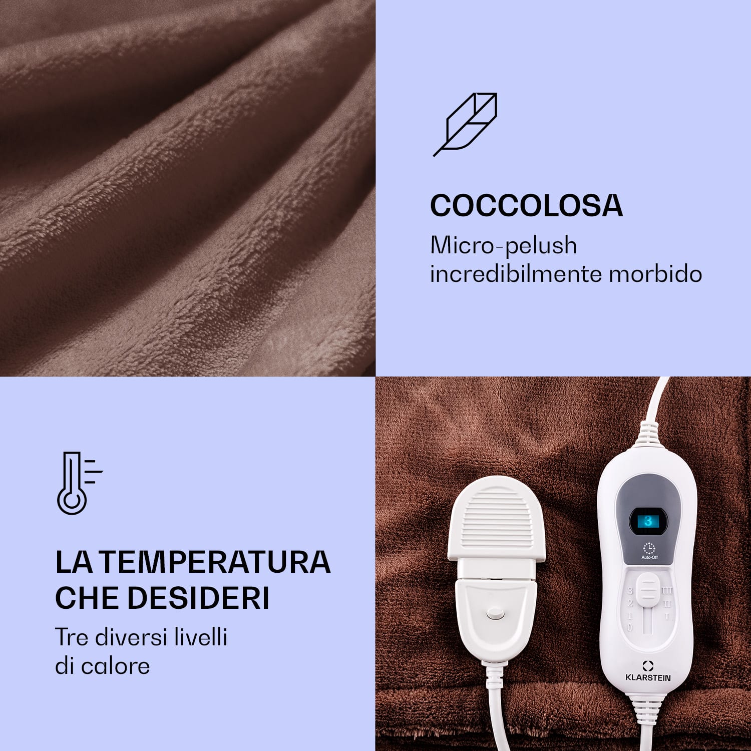 Dr. Watson XL - Termocoperta, 120 W, 3 livelli di temperatura, elemento di controllo, 180 x 130 cm Terra Marrone | XL
