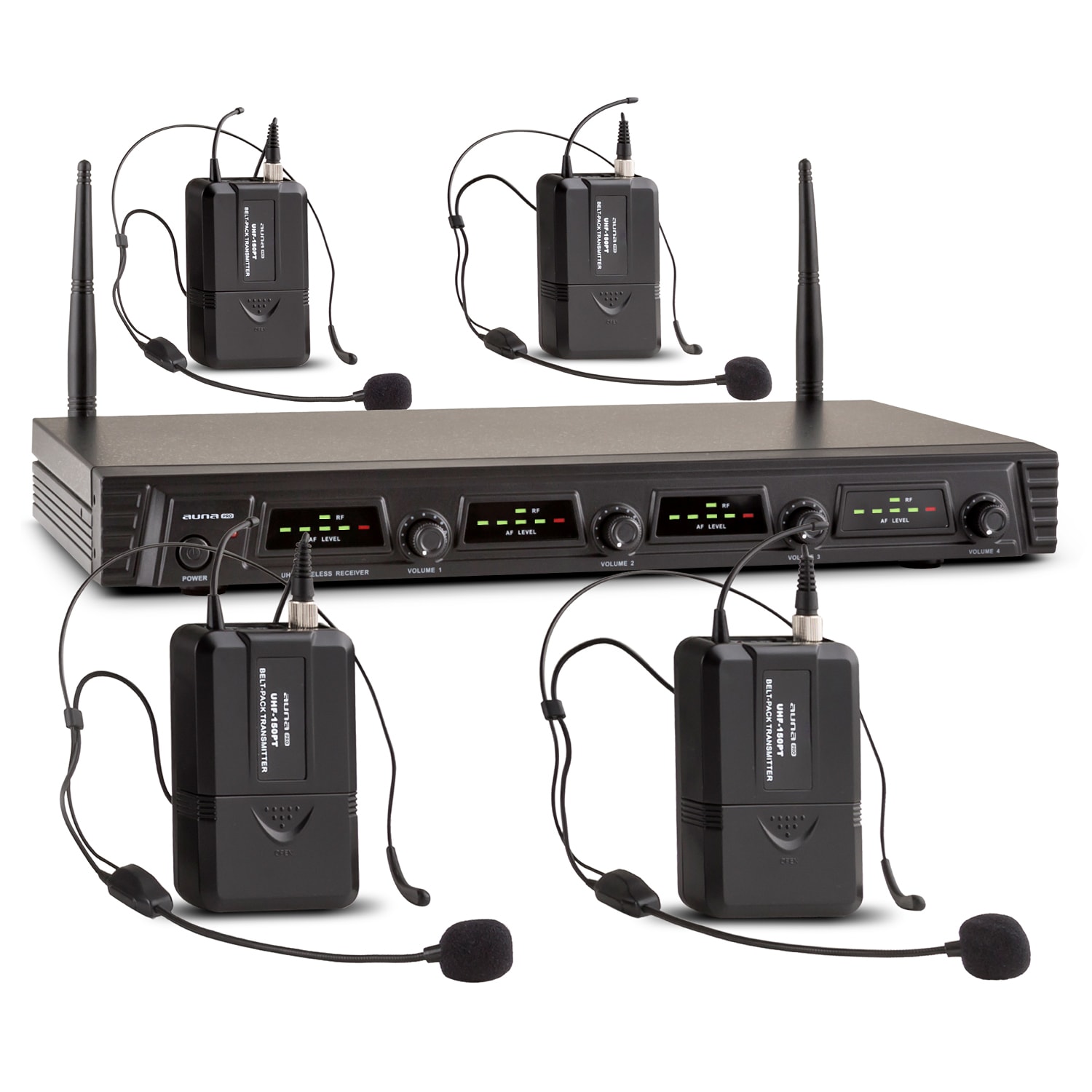 Duett Quartett Fix V3 4-kanavainen UHF-radiomikrofonisetti 50m kantama 4 x headset-mikrofoni