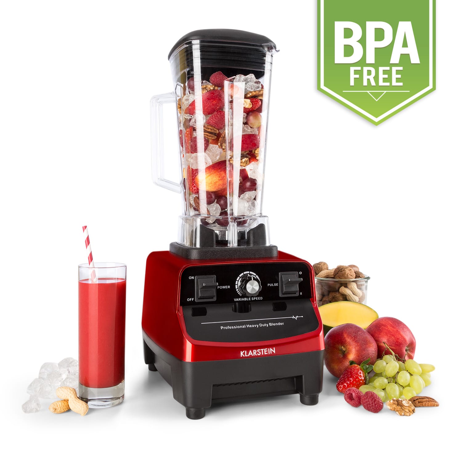 Klarstein Herakles 3G Powermixer, 1500 W, 2 liter, zöld smoothie, BPA nélkül, asztali mixer, piros Piros