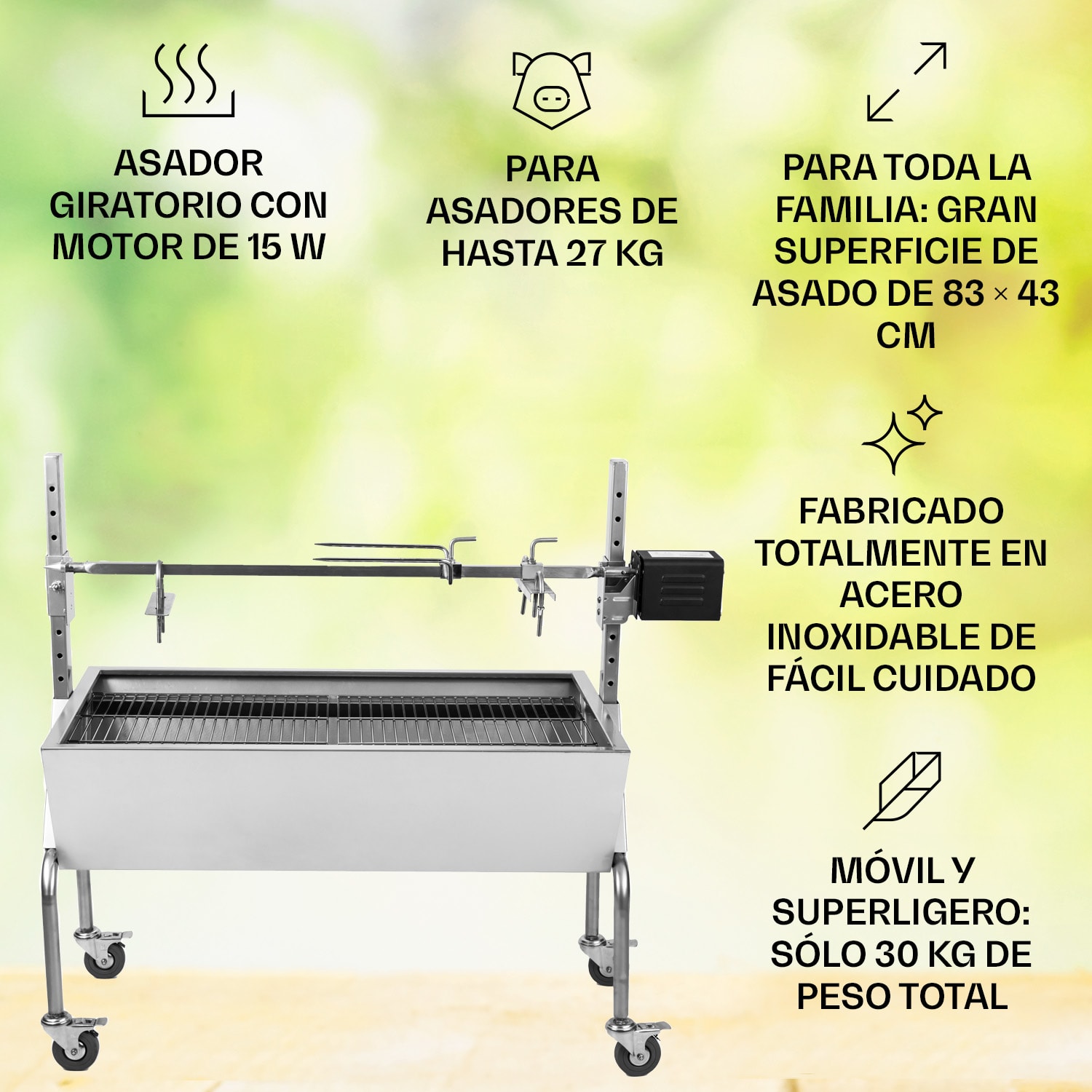 Sauenland Parrilla para lechón Motor eléctrico Asador giratorio 
