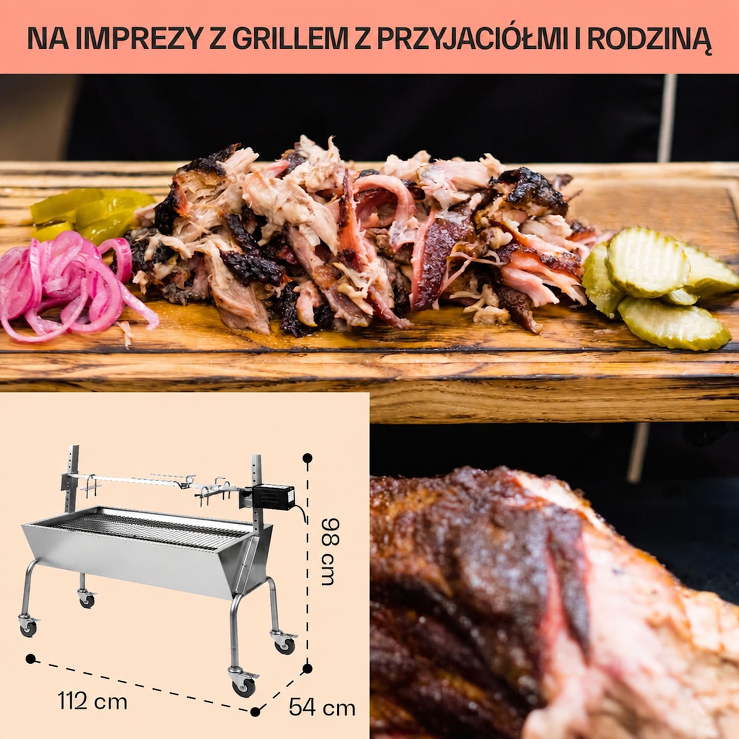 Sauenland grill do pieczenia prosiąt z elektrycznym silnikiem i rożnem obrotowym 