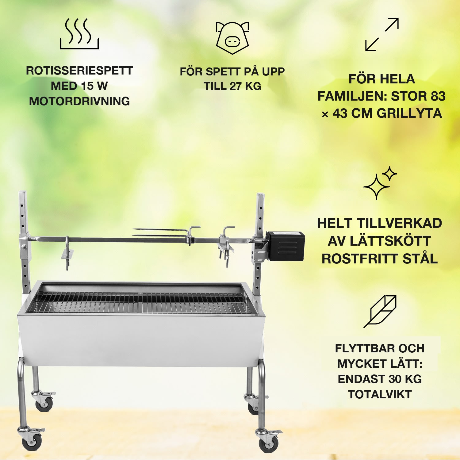 Sauenland grill för helgriskulting med elektrisk motor och roterande spett 