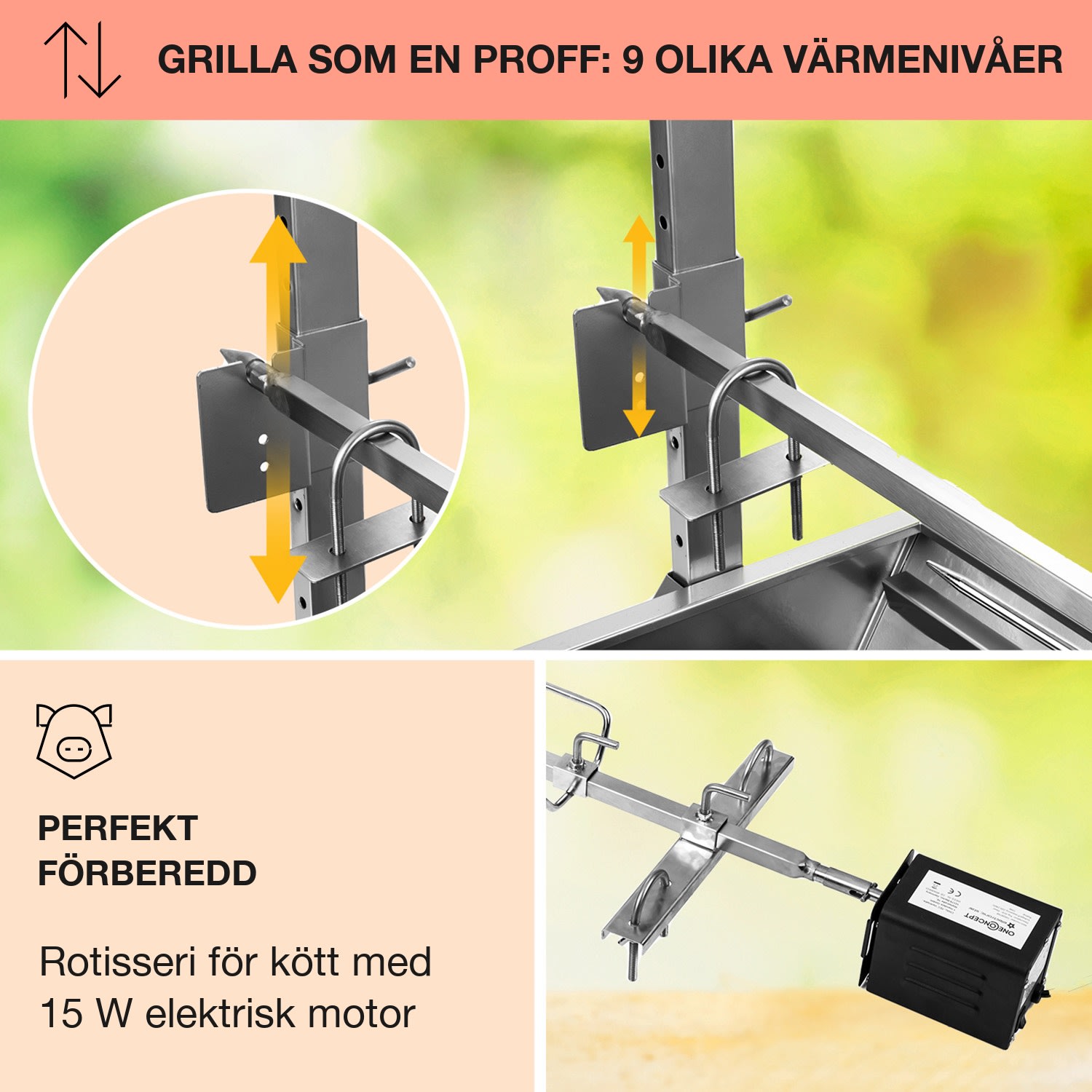 Sauenland grill för helgriskulting med elektrisk motor och roterande spett 