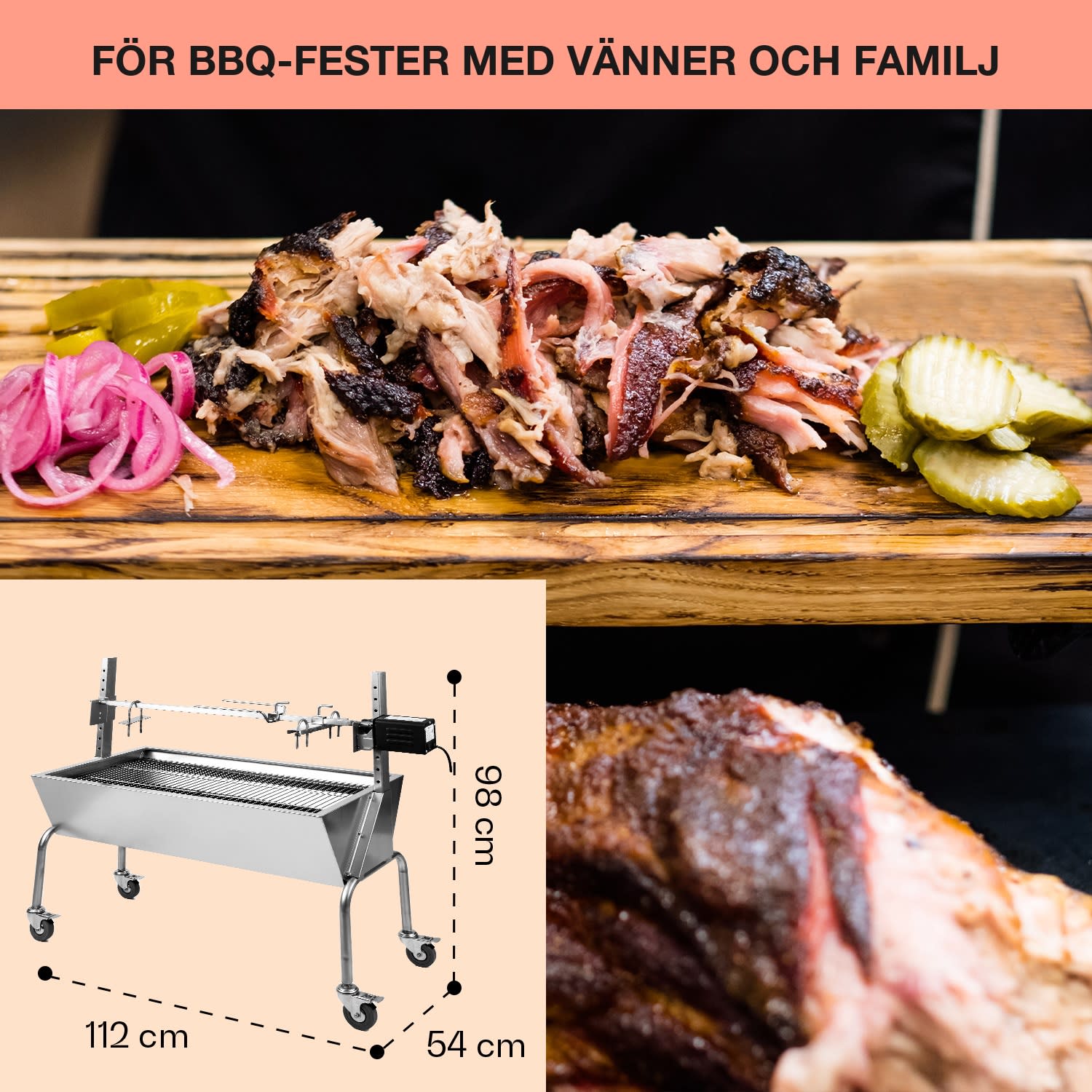 Sauenland grill för helgriskulting med elektrisk motor och roterande spett 