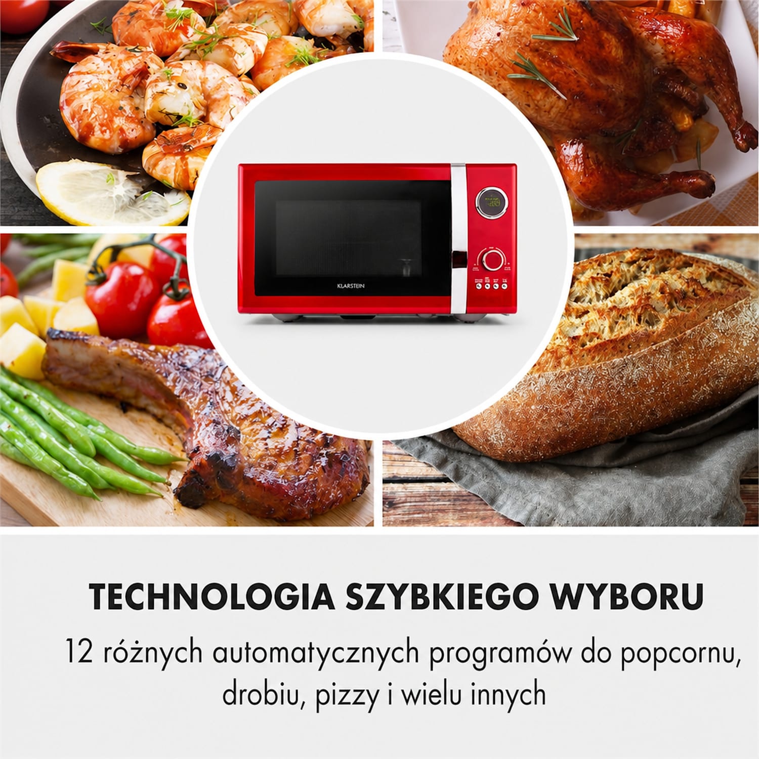 Fine Dinesty, kuchenka mikrofalowa z grillem, 800/1000 W, 23 l, styl retro, 12 programów Czerwony