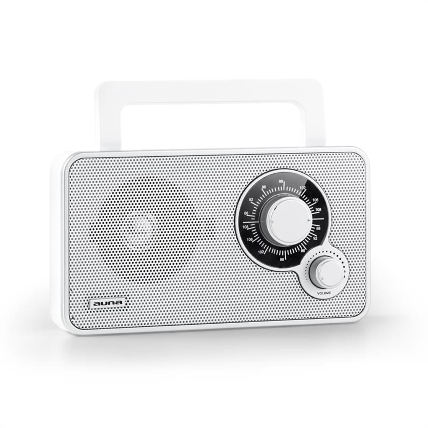 RR-5 Radio retro portátil FM AUX funcionamiento a pilas, blanco 