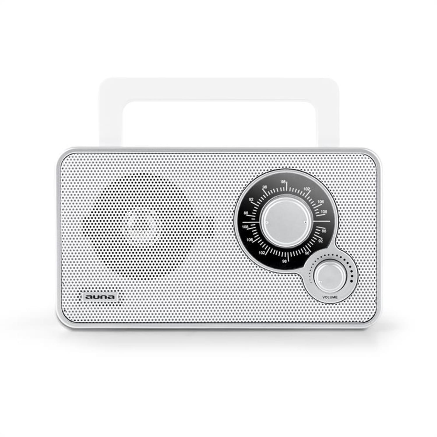 RR-5 Radio retro portátil FM AUX funcionamiento a pilas, blanco 