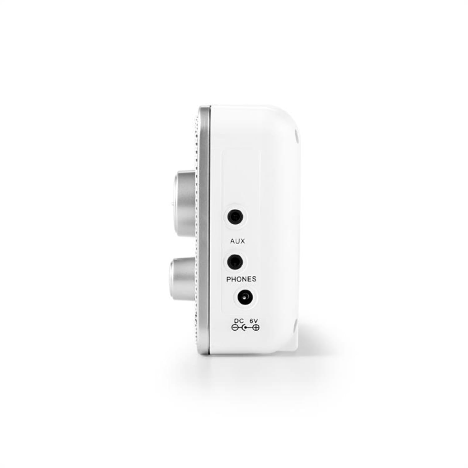 RR-5 Radio retro portátil FM AUX funcionamiento a pilas, blanco 