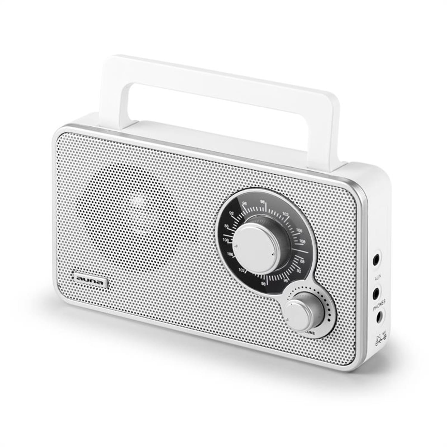 RR-5 Radio retro portátil FM AUX funcionamiento a pilas, blanco 