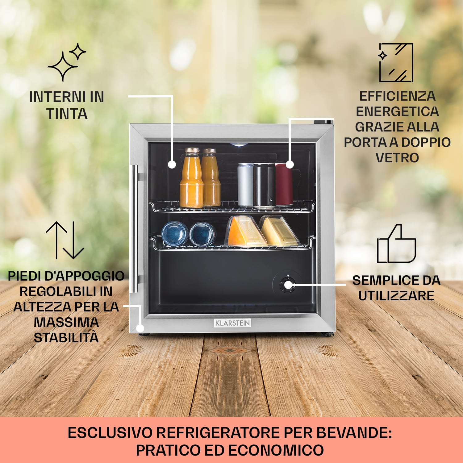 Beersafe L - Frigorifero, 47 litri, 2 ripiani, sportello panoramico in vetro, acciaio inox 47 L | Acciaio inox
