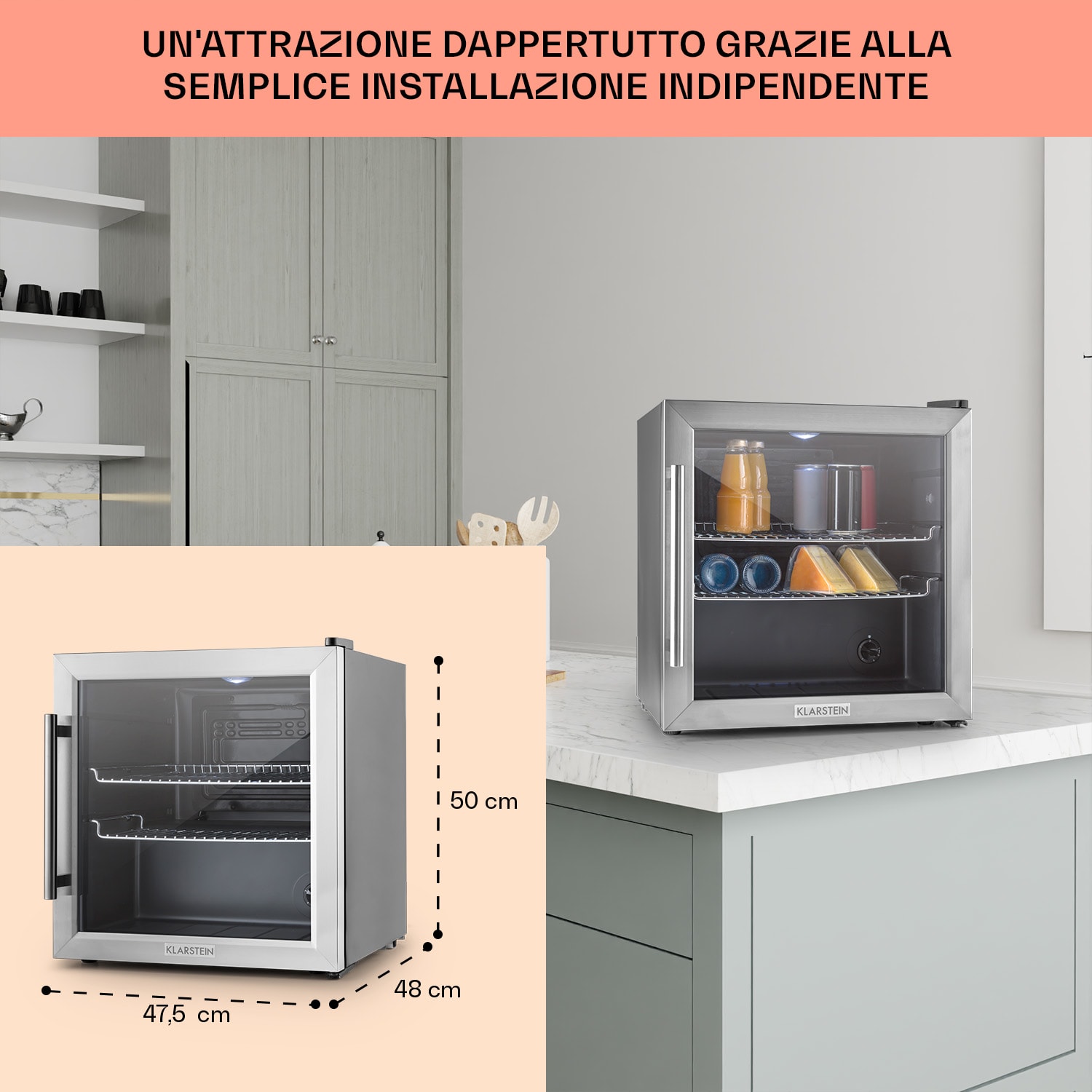 Beersafe L - Frigorifero, 47 litri, 2 ripiani, sportello panoramico in vetro, acciaio inox 47 L | Acciaio inox