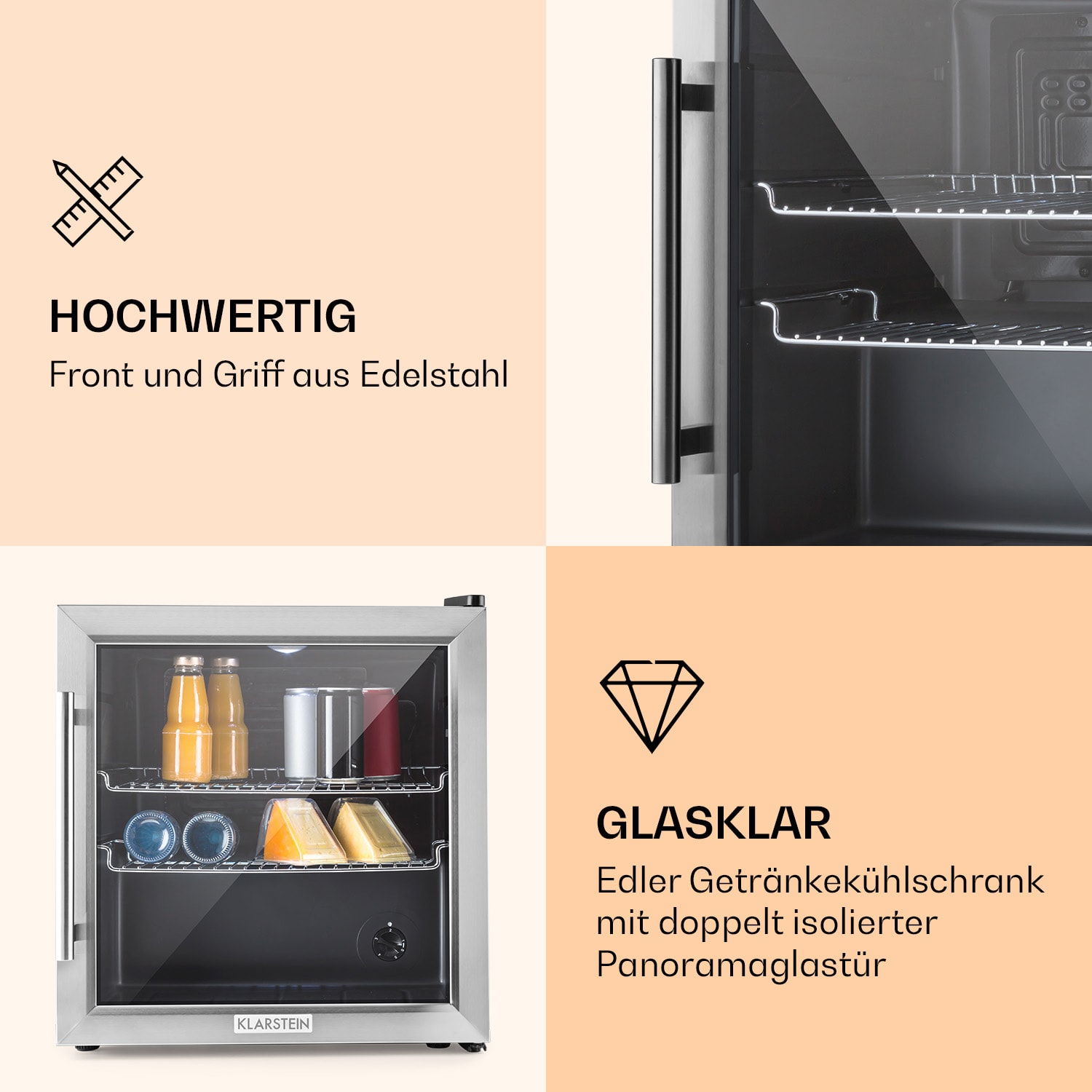 Beersafe L Kühlschrank 47 Liter 2 Böden Panoramaglastür Edelstahl 47 Ltr | Edelstahl