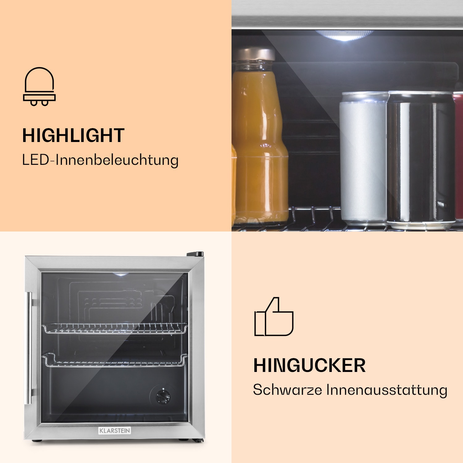 Beersafe L Kühlschrank 47 Liter 2 Böden Panoramaglastür Edelstahl 47 Ltr | Edelstahl