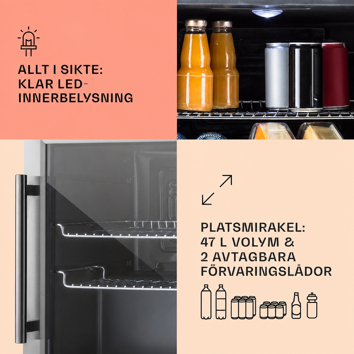 Beersafe L Kylskåp 47 liter 2 hyllor panoramaglasdörr ädelstål 